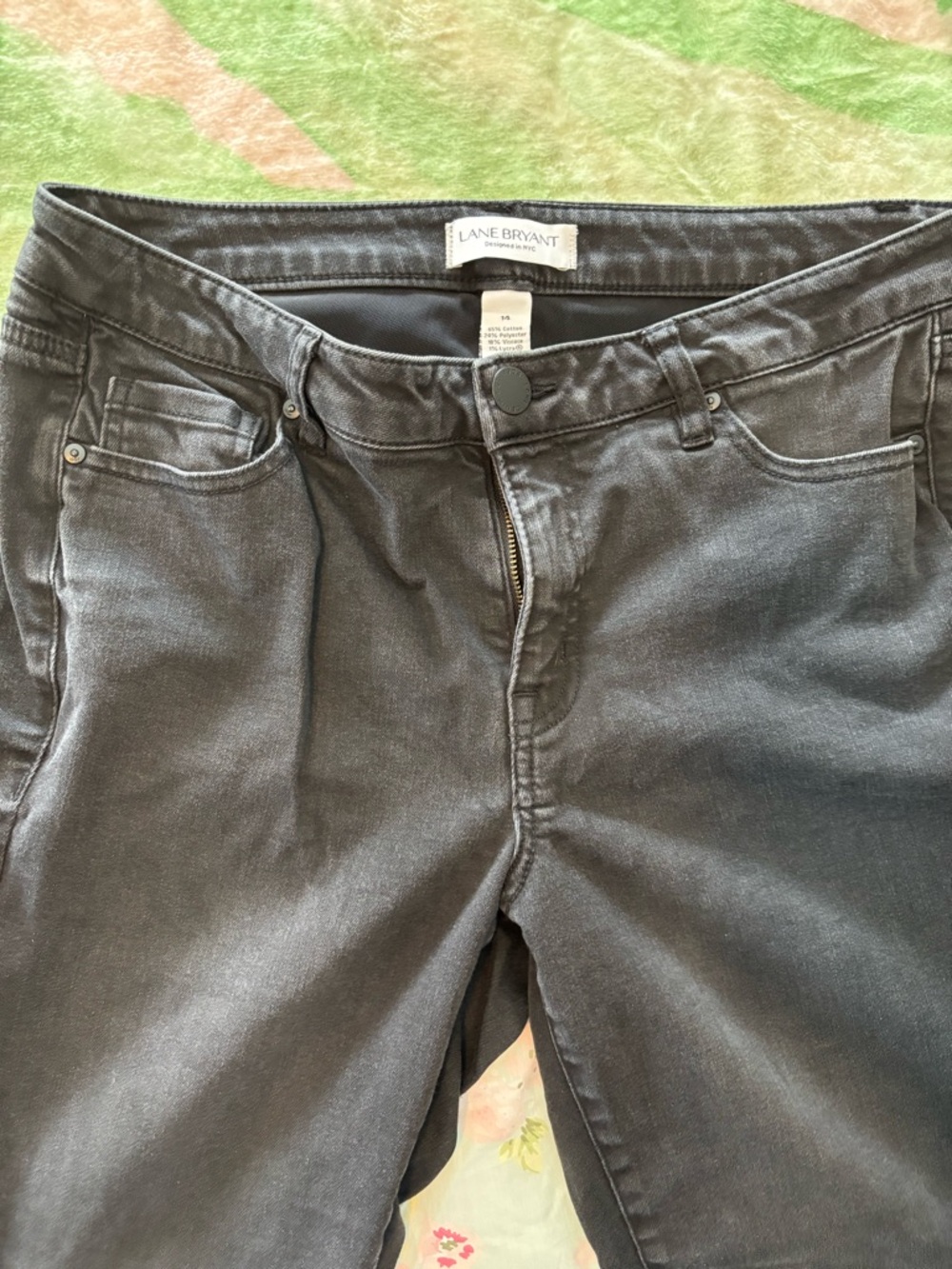 Lane Bryant Charcoal Gray Denim Stretch Jeans, ribbon bow at the ankle